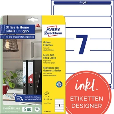 Obrázek AVERY Zweckform L4760 10 Etikety na hřbety pořadačů (70 štítků hřbetu pořadače s ultragripem, 38 x 192 mm A4, úzké/krátké, samolepicí, absolutně neprůhledné, potiskovatelné štítky pořadače)