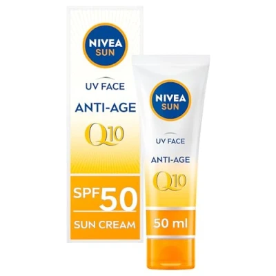 Obrázek NIVEA UV Face SPF50 Q10 Anti Age, 0% bílé zbytky (50 ml), opalovací krém na obličej, proti stárnutí s SPF50, balení se může lišit