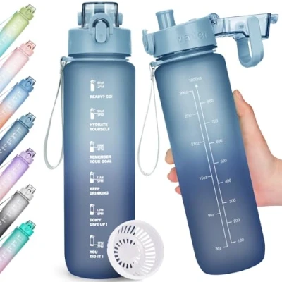 Obrázek AOHAN láhev na pití, 1l vodu bez BPA, sportovní zabezpečená proti vytečení, s označením času pro fitness, kancelář, školu, jógu, outdoor