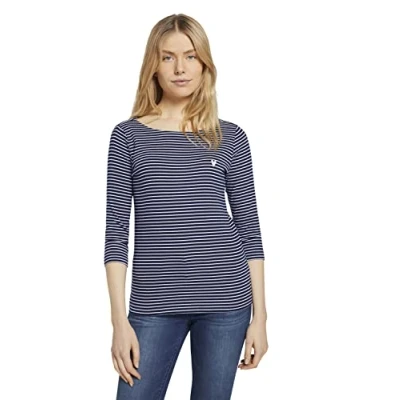 Obrázek TOM TAILOR Dámské triko s dlouhým rukávem výšivkou ve tvaru srdce na hrudi, 26033 Navy White Small Stripe