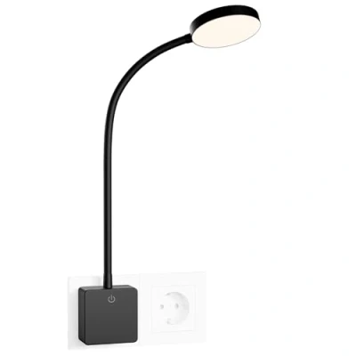 Obrázek ENUOTEK stmívatelná LED lampa se zásuvkou černá barva, nástěnné svítidlo světlo na čtení ložnice zásuvka zástrčkou a dotykovým spínačem, 4 W 350 lm, neutrální bílé