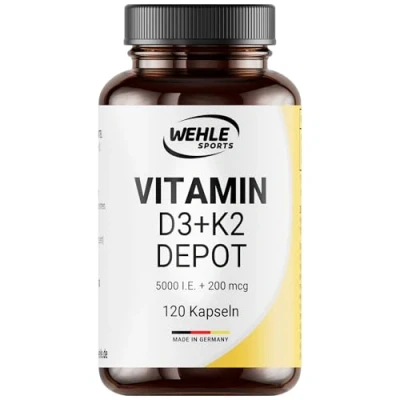 Obrázek Vitamín D3 K2 Depot 120 kapslí ve vysokých dávkách 5 000 IE vitaminu + 200 µg vitamínu MK7 All Trans Wehle Sports bez přísad, vyrobeno v Německu