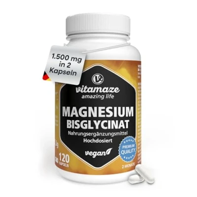 Obrázek Hořčík bisglycinát kapsle vysoké dávky, 1500 mg v pouhých 2 kapslích z toho 300 elementárního hořčíku denní dávce, 120 veganských kapslí po dobu měsíců, bez přísad, vyrobeno Německu