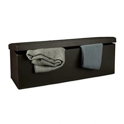 Obrázek Relaxdays Skládací lavice VxŠxH 38 x 114 cm, XL umělá kůže sedací truhla, úložný box s úložným prostorem, hnědá