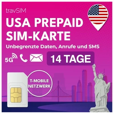 Obrázek travSIM USA SIM karta T Mobile síť Neomezená data, hovory a texty v funguje na zařízeních s iOS Android 14 dní