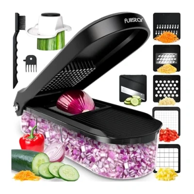 Obrázek Gemüseschneider Mandoline Gemüsehobel Gemüse Schneider Gurkenhobel Zwiebelschneider Kartoffelschneider Obstschneider Reibe für und Käse Julienneschneider (6 in 1 Kompakt Schwarz)