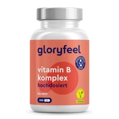 Obrázek Komplex vitaminu B 200 kapslí (7 měsíců) 10krát vysoká dávka s 500 µg B12 + vysoce bioaktivní všech 8 vitamínů (B1, B2, B3, B5, B6, B7, B9, B12) veganské a laboratorně testováno