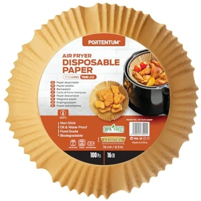Obrázek PORTENTUM Pečicí papír pro horkovzdušnou fritézu 100 kusů bez BPA, 16 20 cm, na pečení v horkovzdušné fritéze nepřilnavý vodotěsný odolný proti oleji jednorázové misky pergamenový