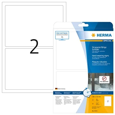 Obrázek HERMA 8333 Fóliové etikety odolné proti povětrnostním vlivům, 25 listů, 190 x 135 mm, 2 na arch A4, 50 kusů, samolepicí, k potisku, matné, prázdné samolepicí etikety, nálepky z fólie, bílé