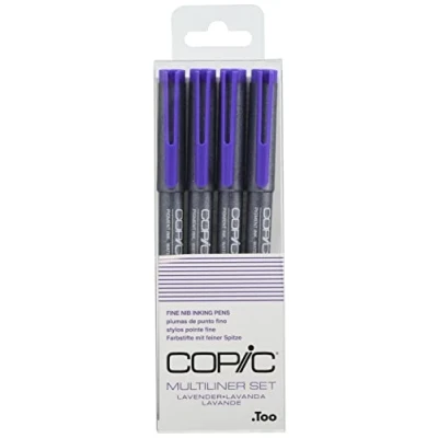 Obrázek COPIC Multiliner sada, levandule, 4 mikrofix v různých tloušťkách tahů, zvýrazňovací tužky s jemnou špičkou a voděodolným pigmentovým inkoustem