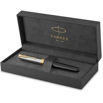 Obrázek Parker plnicí pero Sonnet Premium Metal &amp; Black lesklý lak se zlatou vrstvou s jemným 18karátovým zlatým hrotem a černou inkoustovou patronou dárková krabička