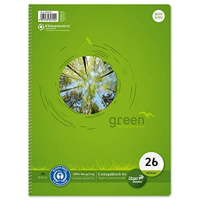Obrázek Staufen Green Collegeblock DIN A4, linkování 26 (5 mm čtverečkovaný s okrajem), 80 listů, 4násobné děrování, prvotřídní bílý recyklovaný papír 70 g/m², 1 kus