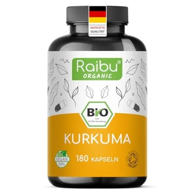 Obrázek Raibu Kapsle BIO kurkuma ve vysokých dávkách 180 kapslí 3000 mg v denní dávce 500 na kapsli vysoký obsah kurkuminu vyrobeno Německu Vegan Turmeric