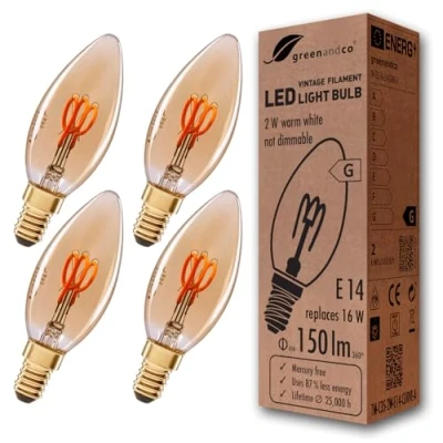 Obrázek greenandco 4x vintage žhavicí vlákno LED svíčka zlatá E14 C35 2 W 150 lm 2000 K extra teplá bílá 360 230 V bez mihotání nestmívatelná