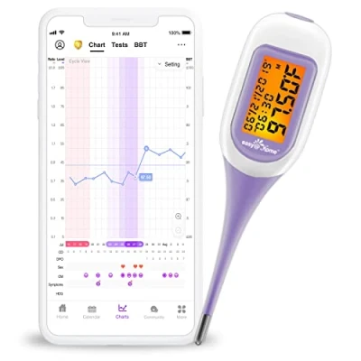 Obrázek Easy@Home Čedičový teploměr na plodnost Bluetooth pro kontrolu cyklu/dětské přání s aplikací Premom, Auto BBT Sync, oranžový podsvícení LCD displej, fialový