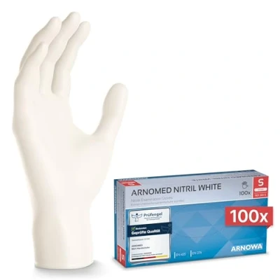Obrázek ARNOMED Nitril rukavice na jedno použití 100 ks/box, S, bílé, jednorázové bez latexu, nitrilové pudru, k dispozici ve vel. M, L a XL