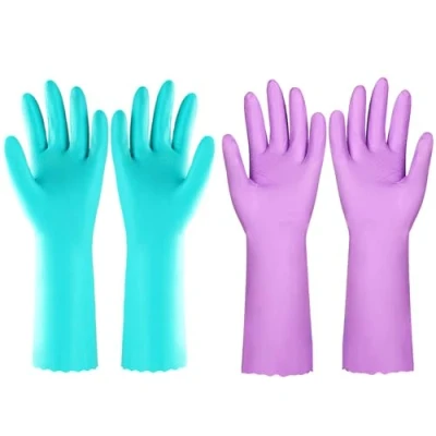 Obrázek Elgood 2 Paar Wiederverwendbare Haushaltshandschuhe, latexfreie, mit Baumwolle gefütterte Putzhandschuhe, Gummihandschuhe für Küche, Geschirrspülen, Reinigen (Lila + Blau Größe M)
