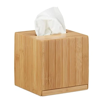 Obrázek Relaxdays krabička na kosmetické ubrousky čtvercová, kapesníky dřevo, kosmetický box, bambus, box ručníky, v x š h: 14 cm, přírodní