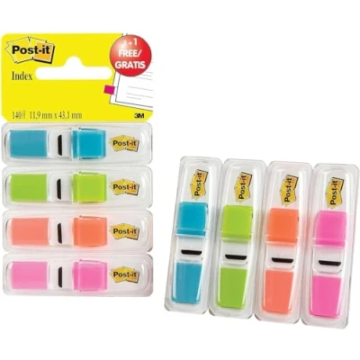 Obrázek Post it Index Mini, 11,9 x 43,2 mm, 3 35 lepicí záložky v dávkovači, barva: limetkově zelená, oranžová, růžová, tyrkysová pro zvýraznění důležitých informací