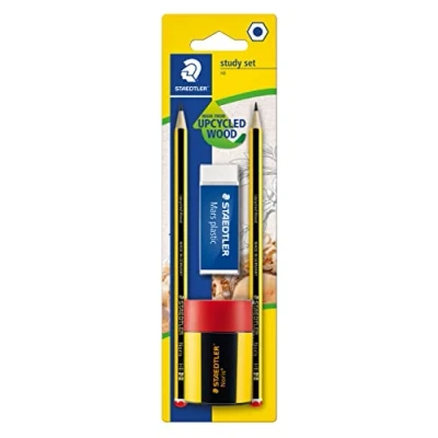 Obrázek STAEDTLER Study sada se 2 tužkami Noris 120 Made from Upcycled Wood ve stupni tvrdosti HB, 1 x Mars Plastic guma a Spitzdose, vysoká kvalita in Germany, 511BKD