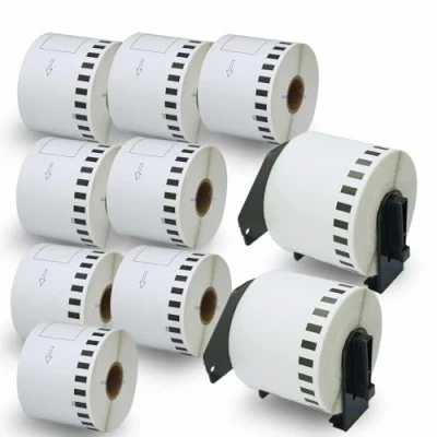 Obrázek BETCKEY 10 rolí DK 22205 nekonečné etikety (papír) kompatibilní s Brother, 62 mm x 30, 48 m, etiket pro tiskárnu štítků Brother QL (2 opakovaně použitelné držáky štítků)