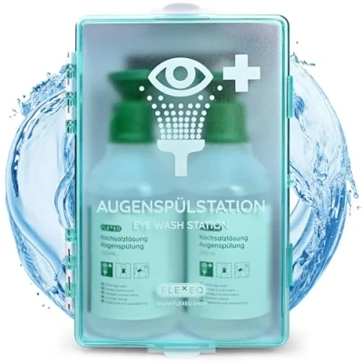 Obrázek oční oplachovací stanice vč. 2 x 500 ml lahví fyziologického roztoku a držáku na stěnu oplachování očí sprcha Eyewash station sterilní roztok NaCl 0,9 pro mytí Eye wash