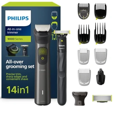 Obrázek Philips Zastřihovač vousů Multigroom Series 9000, 14 v One s OneBlade, 2x originální břity pro obličej, hlavu a tělo, 27 nastavení délky (0,220 mm) (model MG9550/15)