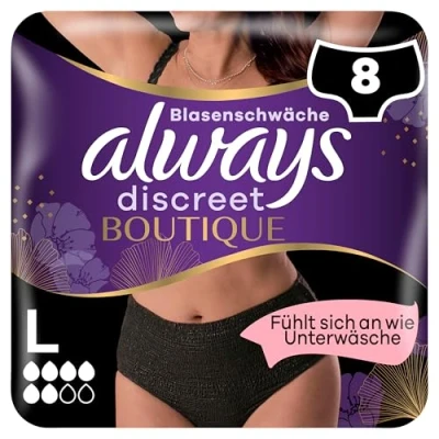 Obrázek Always Discreet Boutique Inkontinenz Pants Gr. L (8 Höschen), Bei Blasenschwäche, Absorbieren Gerüche Und Feuchtigkeit, Verhindern Auslaufen, Schwarz