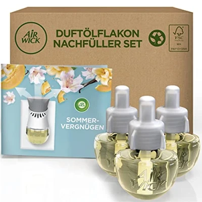 Obrázek Air Wick Lahvička s vonným olejem Výhodné balení doplňovací sada pro letní potěšení Life Scents vůně po čerstvých květech, meloun a vanilce vonných olejů 3 x 19 ml