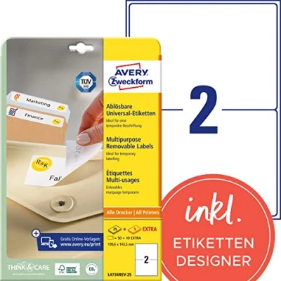 Obrázek AVERY Zweckform Univerzální etikety L4734REV 25 (50 plus 10 lepicích etiket extra, 199,6 x 143,5 mm na A4, znovu beze zbytku odstranitelné/snímatelné, potištěné, samolepicí nálepky) 30 listů, bílé