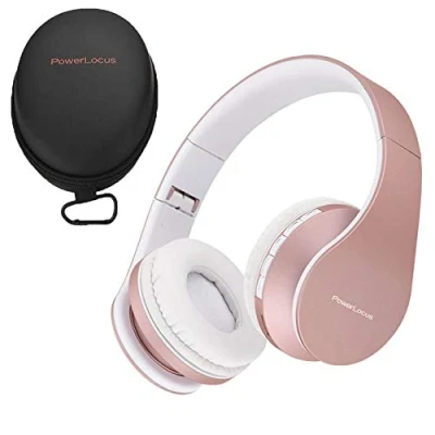 Obrázek Bluetooth sluchátka, PowerLocus Over Ear Wireless skládací bezdrátová sluchátka na uši, headset, podpora AUX s mikrofonem, funkce volného hovoru pro iPhone, Android, PC (růžové