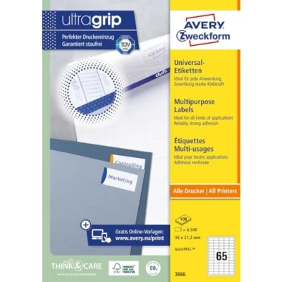Obrázek AVERY Zweckform 3666 univerzální etikety (6 500 lepicích štítků, 38 x 21,2 mm na A4, papír matný, individuálně potisknutelné, samolepicí nálepky s ultragripem) 100 listů, bílé