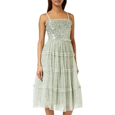 Obrázek Maya Deluxe dámské Midi Ladies Sequin Embellished Sleeveless Ruffle Dress for Wedding Guest Bridesmaid Prom Evening Occasion Šaty, Green Lily