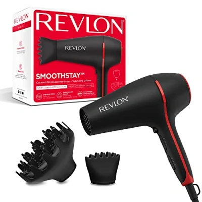 Obrázek Revlon Vysoušeč vlasů SmoothStay 2000 W s infuzí kokosového oleje (2000 W, 2 díly příslušenství pro mnohostranný styling: hřeben difuzorem a koncentrátorem, keramická ionizační technologie