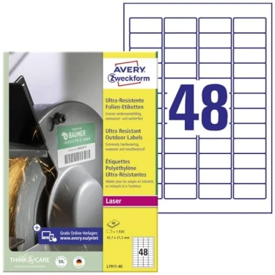 Obrázek AVERY Zweckform L7911 40 odolné fóliové etikety (1920 nálepek, 45,7 x 21,2 mm na A4, extrémně silné samolepicí, pro obtížné povrchy, potiskovatelná venkovní lepicí fólie) listů, bílá