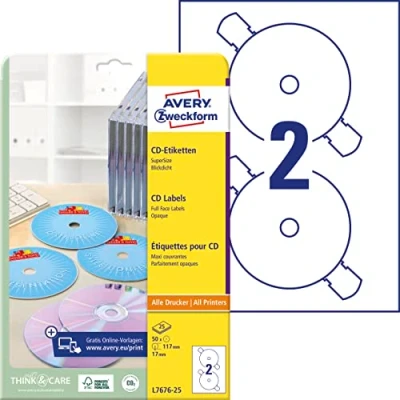 Obrázek AVERY Zweckform L7676 25 samolepicí CD etikety (50 neprůhledných nálepek na CD, Ø 117 mm A4, SuperSize, papír matný, potiskovatelné lepicí pro všechny tiskárny A4) listů, bílé, 50 kusů,