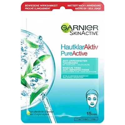 Obrázek Garnier Textilní maska, obličejová maska pro mastnou pleť, proti nečistotám, receptura s olejem z čajovníku a kyselinou salicylovou, pleťově aktivní, 23 g