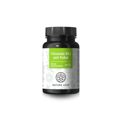 Obrázek NATURE LOVE® Vitamín B12 Vegan 500 µg v denní dávce 180 tablet obě aktivní formy adenosylového a methylkobalaminu + depot folat 5 MTHF z Quatrefolic® vysoké dávky laboratorně testováno