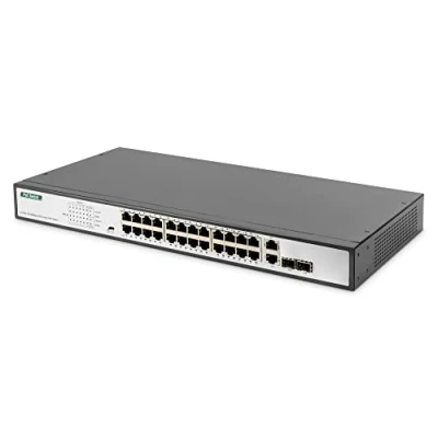 Obrázek DIGITUS Fast Ethernet PoE+ síťový přepínač 19 palců 24 portů + 2x Uplink SFP/RJ45 IEEE802.3af/at 370W power rozpočet černý