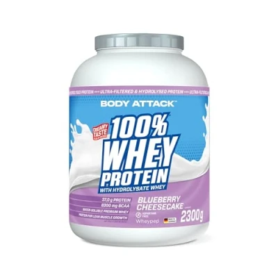 Obrázek Body Attack 100% Whey Protein Blueberry Cheesecake 2,3 kg Made in Germany extra krémový proteinový prášek s hydrolyzátem a BCAA&#039;s, podporuje růst svalů diety pro sportovce atlety