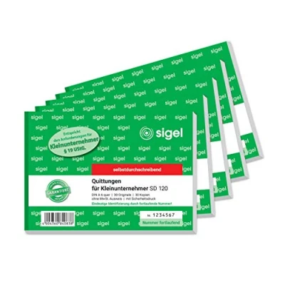 Obrázek SIGEL SD120/5 Blok stvrzenek pro malé podnikatele, průběžně číslované, jedinečné 7místné číslo, A6 na šířku, 5 kusů, 2x30 listů, propisující, z udržitelného papíru