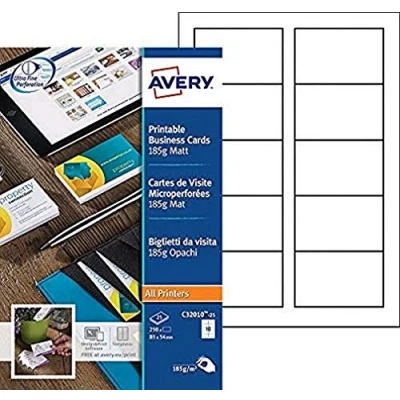 Obrázek AVERY Balení 250 vizitek s možností potisku, z matného bílého kartonu, 185 g/m², formát 85 x 54 mm, laserový/inkoustový tisk, (C32010 25)