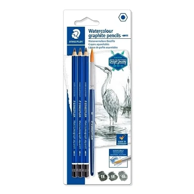 Obrázek STAEDTLER 100A SBK4 ST wasservermalbare Künstler Bleistifte Mars Lumograph aquarell, Sechskantform, hohe Bruchfestigkeit, Premium Bleistifte, 3 Härtegrade, 1 Rundpinsel,
