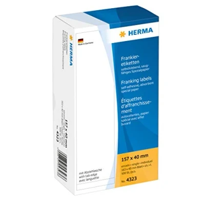 Obrázek HERMA 4323 frankovací etikety pro stroje, 157 x 40 mm, 500 kusů, samolepicí, matné, jednotlivé, papírové frankierské samolepicí nálepka s vytahovacím poutkem, bílá
