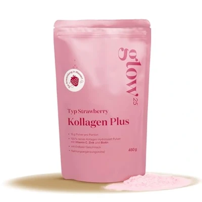 Obrázek Glow25 kolagen Plus prášek jahody [450 g] hydrolyzovaný s vitamínem C, zinkem a biotinem peptidy typu 1 3 vyvinuto speciálně pro vodu příchutí jahod