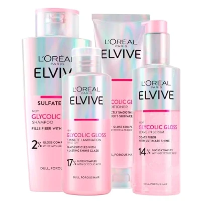 Obrázek L&#039;OREAL Paris L&#039;Oréal Elvive Glycolic Gloss Conditioner 150 ml + Shampoo 200 Serum ohne Ausspülen Laminierbehandlung 5 Minuten à für stumpfes und poröses Haar 4 Flaschen
