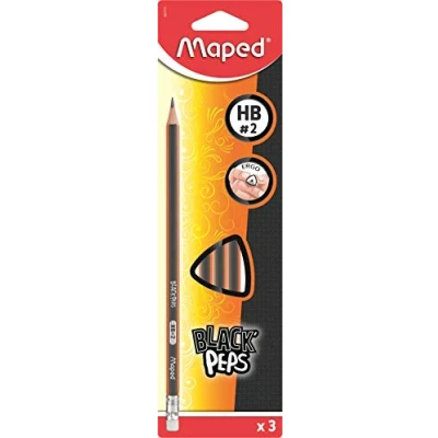 Obrázek Maped Bleistift BLACK&#039;PEPS HB mit Radiergummikopf FSC 100% 3 Stück aus zertifiziertem Pappel Holz ergonomischer Drei Kant