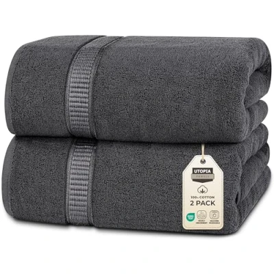 Obrázek Utopia Towels 2 velké osušky z bavlny s věšákem, ručníky do sauny, koupelny velké, 90 x 180 cm (šedé)