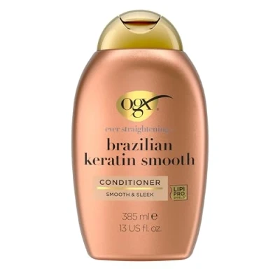 Obrázek OGX Brazilský keratin Smooth Conditioner, vyhlazující kondicionér na vlasy s keratinem, kokosovým olejem a avokádovým olejem, ochranná péče o mytí bez sulfátů pro hladké lesklé (385 ml)