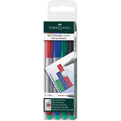 Obrázek Faber Castell 151404 zvýrazňovač multimark, non permanentní, tloušťka F, 4 kusy v pouzdře, vždy 1 x červená, modrá, zelená, černá